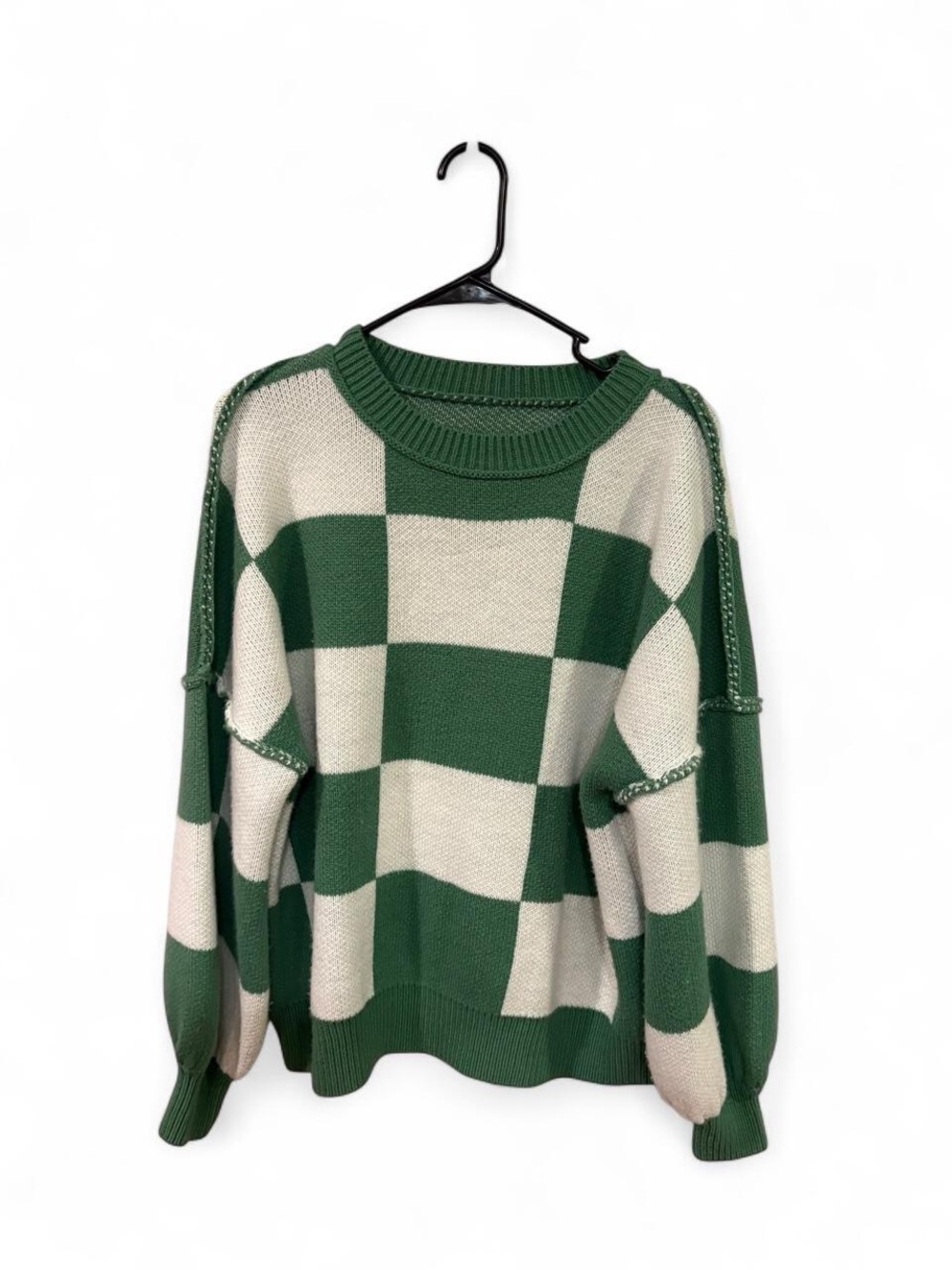 Green & White Check Crewneck Sweater